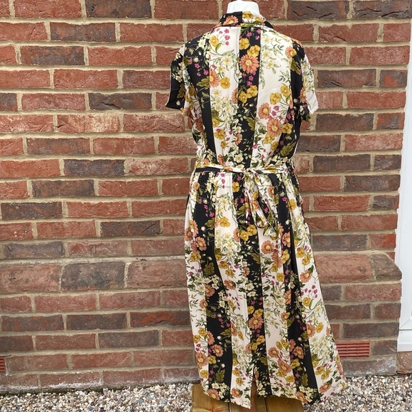 MNG Size L Floral Print Vintage Look Midi Maxi Dress Stripe Button Up Waist Belt - Picture 3 of 11